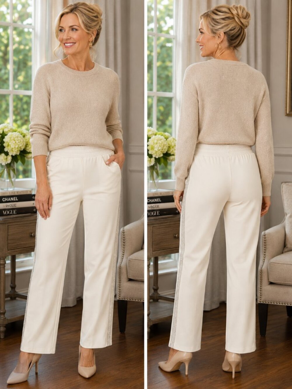🤍Belle Kim Gravel Ivory Studded Pants L Petite NIB